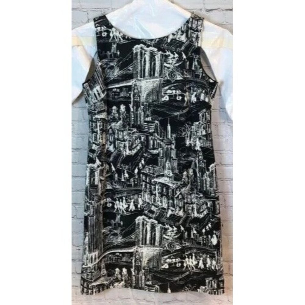 Leslie Fay Dress Black & White City Print Sheath Sleeveless Size 12